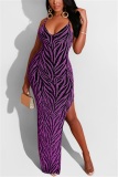 purple Sexy Spaghetti Strap Sleeveless Slip Pencil Dress Ankle-Length backless Embroidery Patchwo