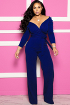 Colorful blue Sexy Solid Patchwork Long Sleeve V Neck Jumpsuits