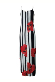 Red Fashion Spaghetti Strap Sleeveless Slip Sheath Floor-Length Paisley Print Floral Dresses