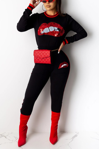 Black knit Active Print Two Piece Suits Lips Print pencil Long Sleeve Two-piece Pants Set