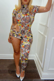 Multicolor Sexy Print Hollowed Out Turtleneck Skinny Jumpsuits