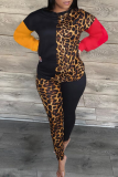 Red Casual Leopard Patchwork O Neck Long Sleeve Two Pieces