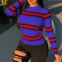 Royal blue Casual Striped Twilled Satin Sweaters