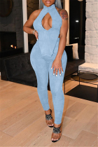 Light Blue Fashion Sexy Solid Hollowed Out Backless Turtleneck Sleeveless Two Pieces