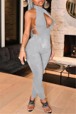Grey Fashion Sexy Solid Hollowed Out Backless Turtleneck Sleeveless Two Pieces