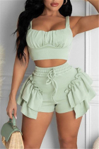 Mint green Sexy Casual Solid Split Joint Spaghetti Strap Sleeveless Two Pieces