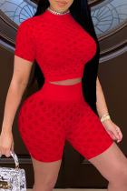 Red Sexy Solid Hollowed Out O Neck Half Sleeve Two Pieces