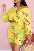 Yellow Casual Print Split Joint V Neck Long Sleeve Two Pieces