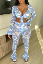 Blue White Fashion Sexy Print See-through V Neck Long Sleeve Two Pieces