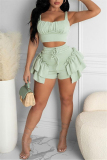 Mint green Sexy Casual Solid Patchwork Spaghetti Strap Sleeveless Two Pieces