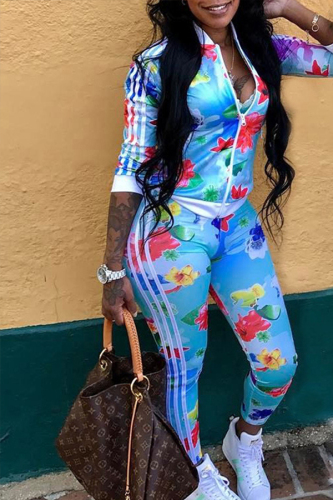 Blue Casual Floral Printed Twilled Satin Two-piece Pants Set