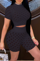 Black Sexy Solid Hollowed Out O Neck Half Sleeve Two Pieces