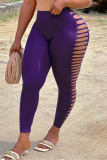 Purple Fashion Casual Solid Ripped Skinny High Waist Pencil Solid Color Trousers
