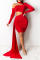 Red Sexy Solid Split Joint Half A Turtleneck Asymmetrical Dresses