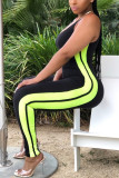 Black Fashion Casual Fluorescent Striped Solid Sleeveless Slip Jumpsuits