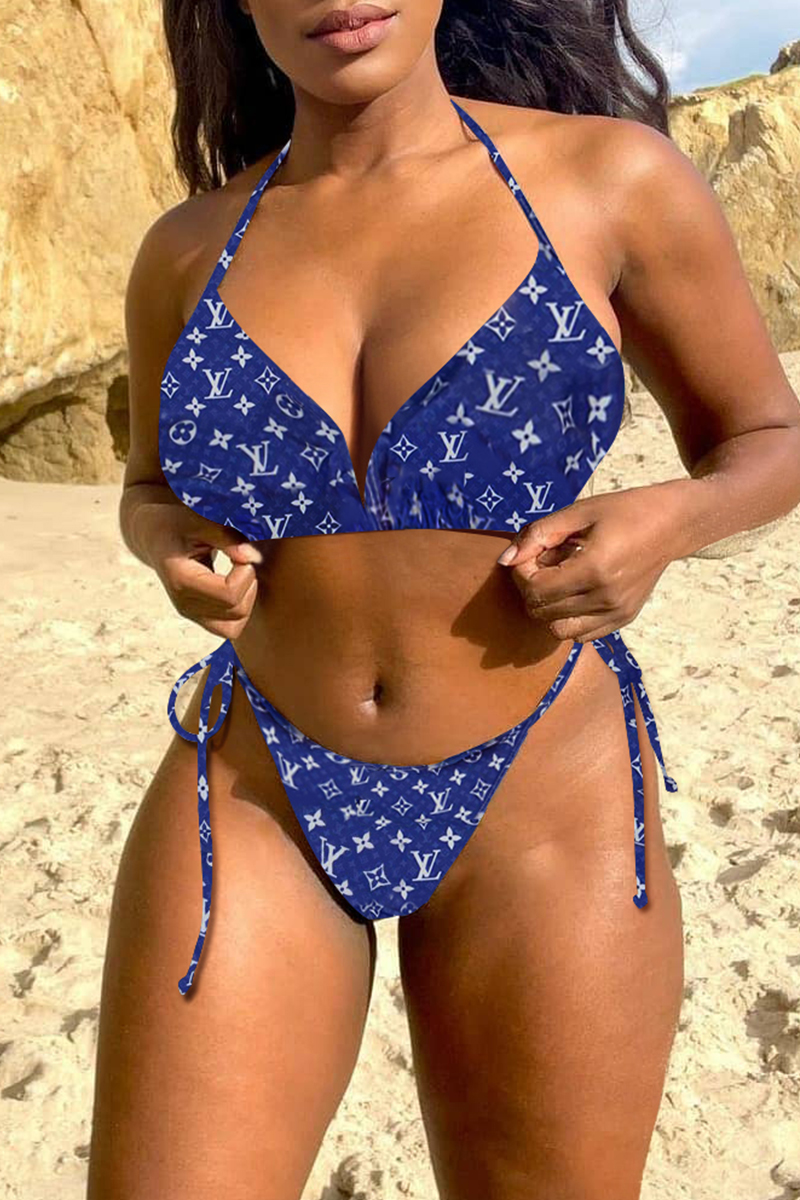 

Blue Fashion Sexy Print Backless Swimwears