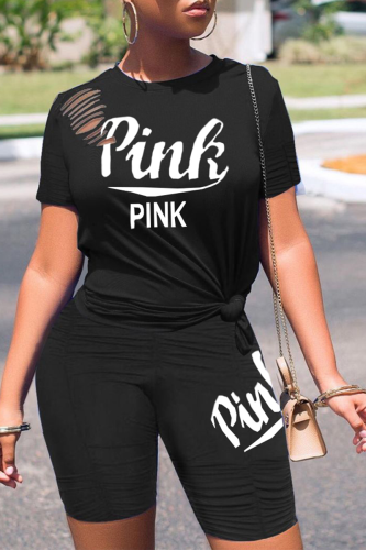 Black Casual Print Hollowed Out O Neck Short Sleeve Two Pieces