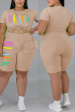 Apricot Fashion Casual Printed Plus Size Short Sleeve Set