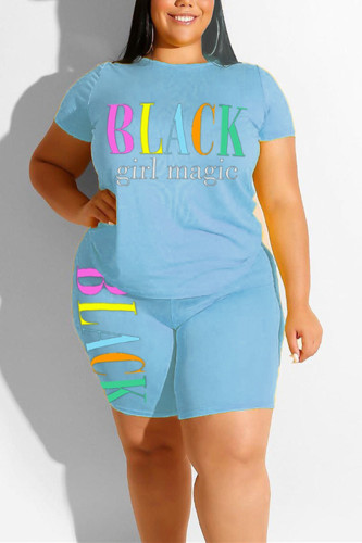 Light Blue Fashion Casual Printed Plus Size Short Sleeve Set
