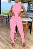 Pink Sexy Casual Solid Slit Asymmetrical Turtleneck Sleeveless Two Pieces