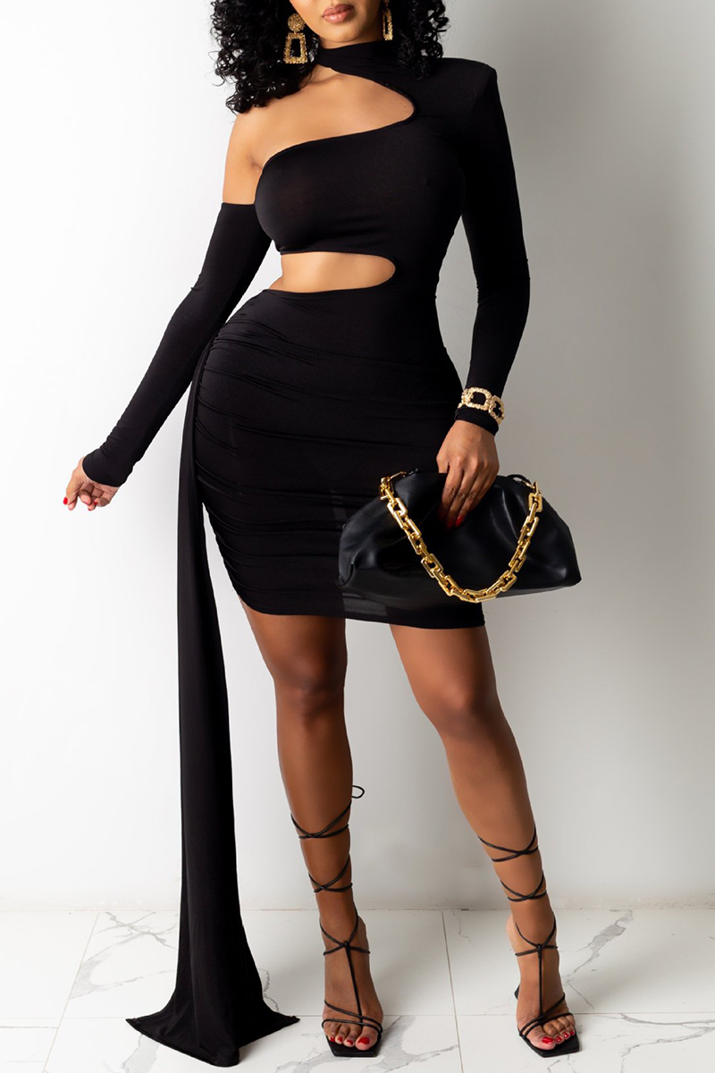 Black Sexy Solid Split Joint Half A Turtleneck Asymmetrical Dresses DRESSES KnowFashionStyle