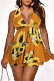 Yellow Sexy Casual Print Backless V Neck Sleeveless Dress