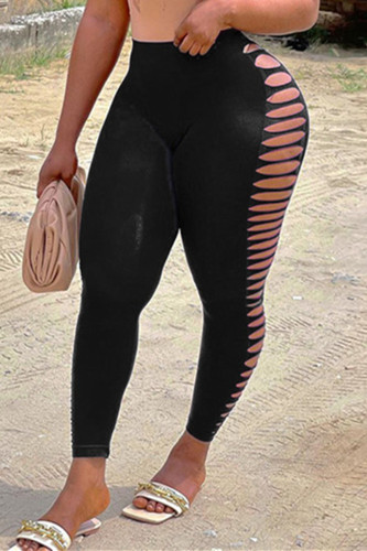 Black Fashion Casual Solid Ripped Skinny High Waist Pencil Solid Color Trousers