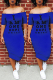 Royal blue Off The Shoulder Short Sleeves One word collar Mid-Calf Patchwork Casual Dresses