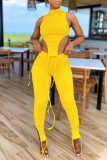 Yellow Sexy Casual Solid Slit Asymmetrical Turtleneck Sleeveless Two Pieces