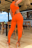 Orange Sexy Casual Solid Slit Asymmetrical Turtleneck Sleeveless Two Pieces