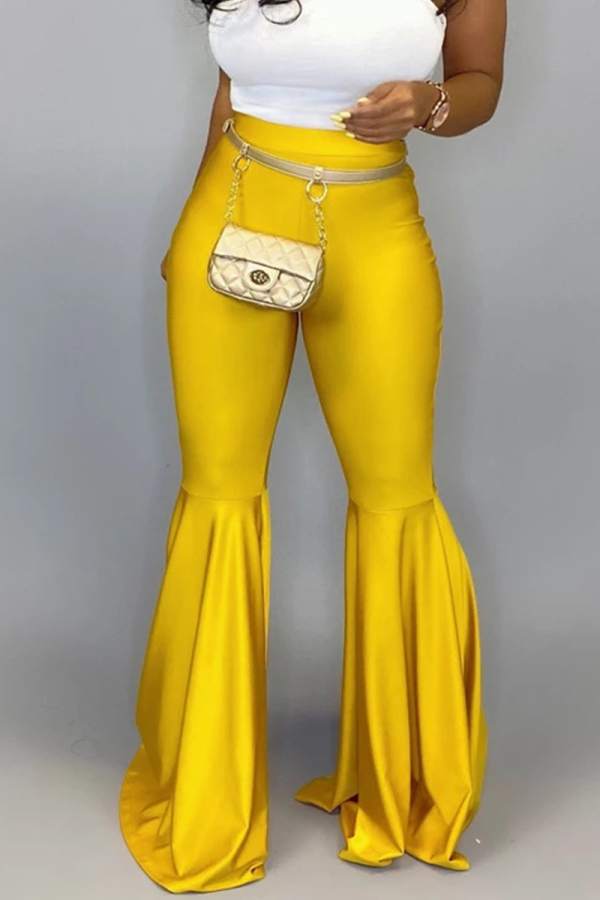 Yellow PU Zipper Fly Sleeveless High Zippered Solid Boot Cut Pants Pants