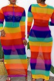 Rainbow Color Sexy Striped Casual Print See-through Bodycorn Zipper Collar Long Sleeve Maxi Dresses