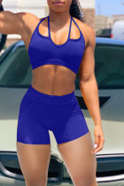 Royal Blue Sportswear Solid Split Joint Spaghetti Strap Sleeveless Two Pieces
