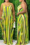 Green Fashion Casual Print Basic V Neck Sling Dress