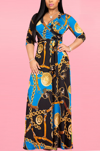 Light Blue Sexy V Neck Knitting Print Dress
