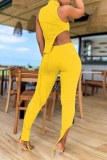 Yellow Sexy Casual Solid Slit Asymmetrical Turtleneck Sleeveless Two Pieces