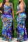 Deep Blue Fashion Casual Print Basic O Neck Vest Dress