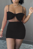 Black Sexy Solid Patchwork Spaghetti Strap Sleeveless Two Pieces