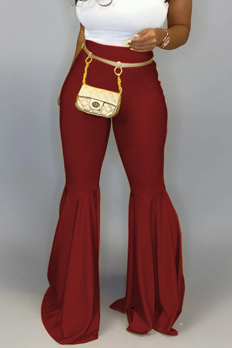 Fashion Casual PU Wine Red Solid Flared Trousers