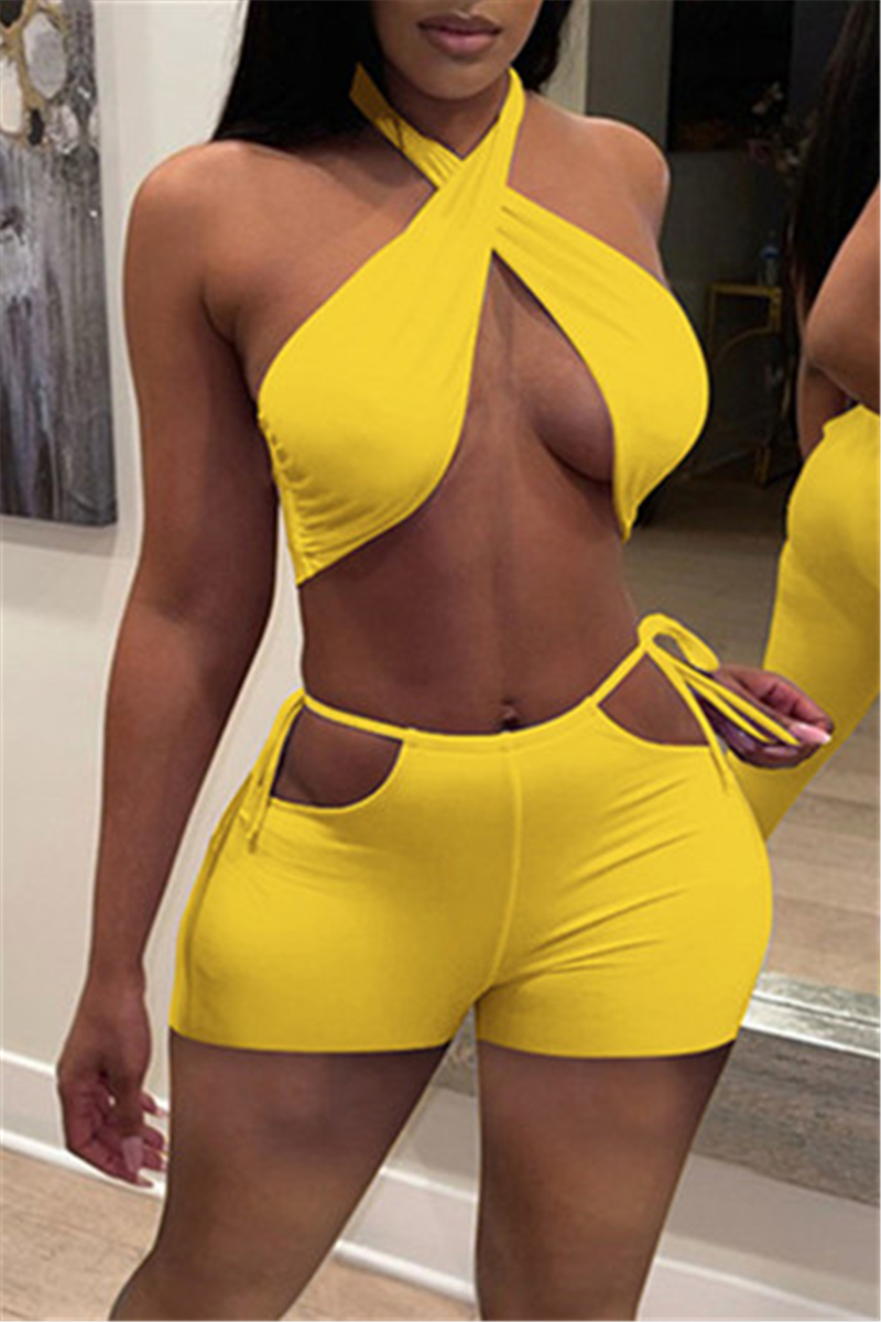 Sexy British Style Solid Backless Halter Sleeveless Two Pieces