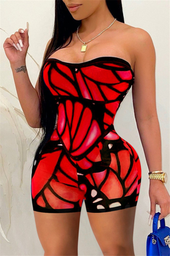 Red Fashion Sexy Print Backless Strapless Skinny Romper