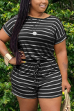 Black Fashion Casual Striped Short Sleeve Romper