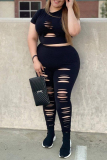 Black Fashion Casual Solid Ripped Hollowed Out O Neck Plus Size Two Pieces