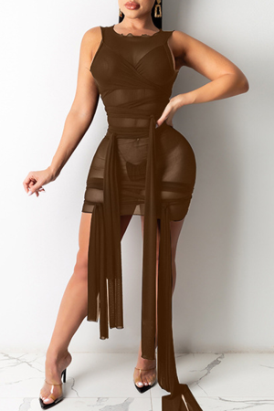 Dark Brown Sexy Solid See-through O Neck Irregular Dress Dresses