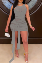 Grey Sexy Solid See-through O Neck Irregular Dress Dresses