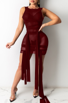 Burgundy Sexy Solid See-through O Neck Irregular Dress Dresses