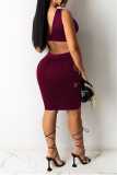 Burgundy Fashion Sexy Solid Hollowed Out V Neck Sleeveless Two Pieces