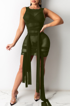Army Green Sexy Solid See-through O Neck Irregular Dress Dresses