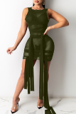 Dark Green Sexy Solid See-through O Neck Irregular Dress Dresses