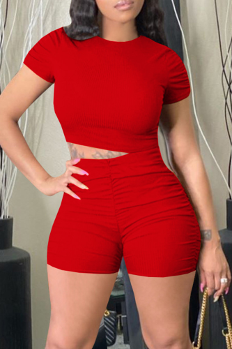 Red Casual Solid Patchwork O Neck Short Sleeve Two Pieces